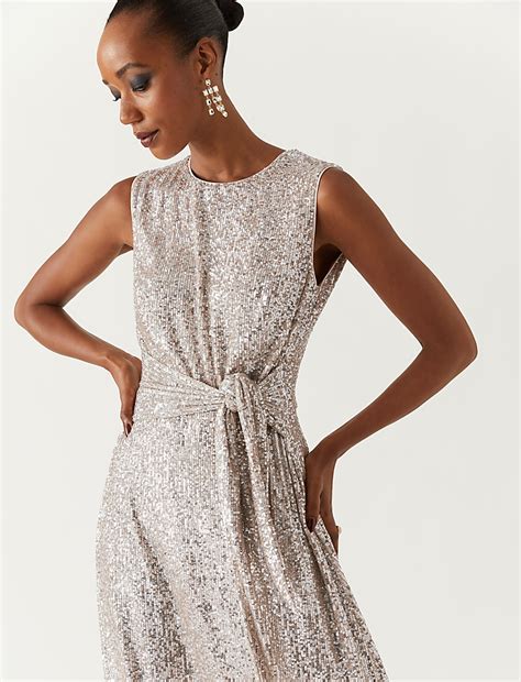 Buy Sequin Round Neck Tie Front Midi Tea Dress at Marks & Spencer