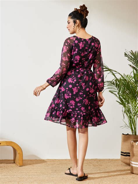 Janasya Women's Black Chiffon Floral Printed A-line Dress