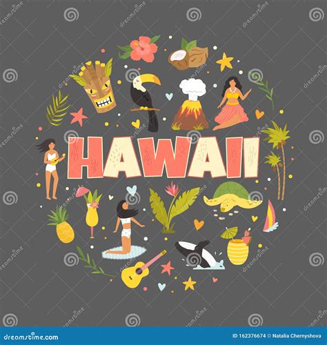 Hawaii Emblem, Print with Symbols, Landmarks Icons Stock Vector - Illustration of maui ...