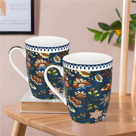 Lemon Tree Dark Blue Ceramic Mug Set – 2-Piece 360 ML Porcelain Tea ...