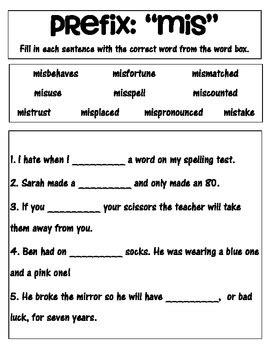 Prefix 'mis' hands on matching, worksheets and quiz! by Vanessa Crown
