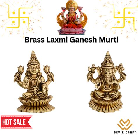 Brass Goddess Lakshmi and Lord Ganesha Idol on Lotus Flower - Small Si ...