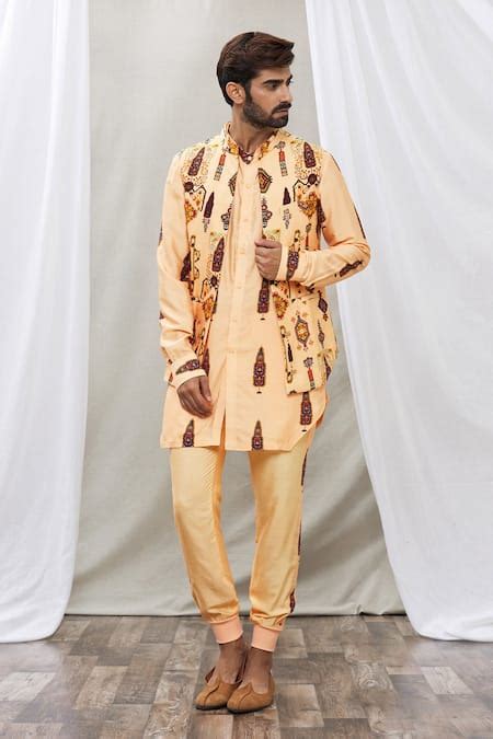 Buy Peach Cotton Silk Floral Printed Waistcoat And Kurta Set For Men by ...