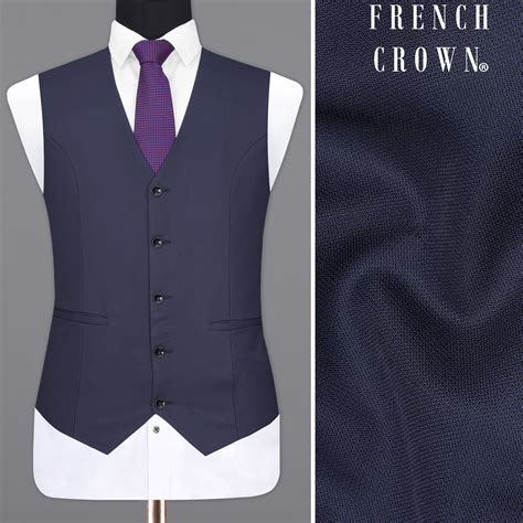Bleached Cedar Navy Blue Textured Premium Terry Rayon Waistcoats For Men