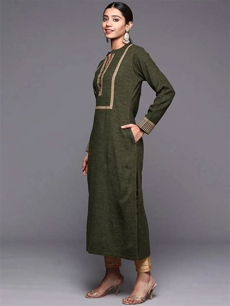 Buy Green Yoke Design Wool Straight Kurta Online at Rs.1119 | Libas