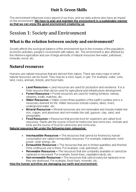 Unit 5: Green Skills - Class 9 Environmental Notes - Studocu