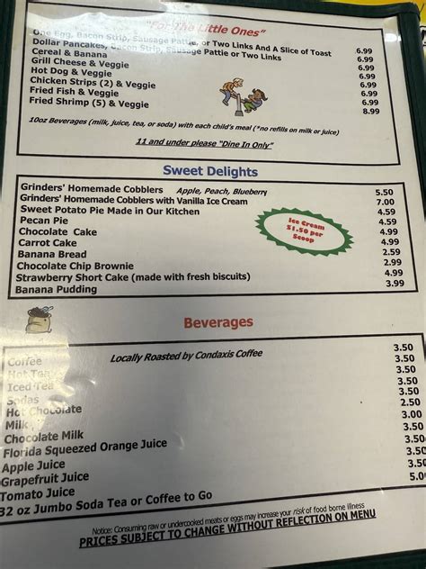 Menu at Grinder's American Diner restaurant, Jacksonville