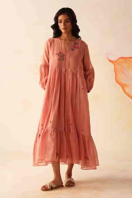 Buy Peach Chanderi, Cotton Embroidery Open Neck Chinaar Floral Dress ...