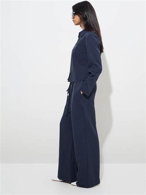 Buy Wardrobe Navy Pinstripe Detailed High-Rise Trousers from Westside
