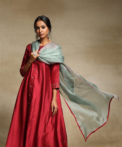 Deep Red Handloom Pure Chanderi Kurta With Chanderi Pants And Organza ...