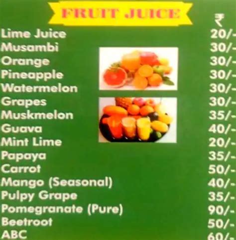 Menu at Ganesh Fruit Juice Centre, Bengaluru, Near Leela Palace
