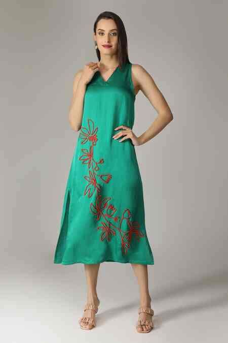 Buy Green Viscose Cotton Satin Hand Embroidered Bead Work Placement ...