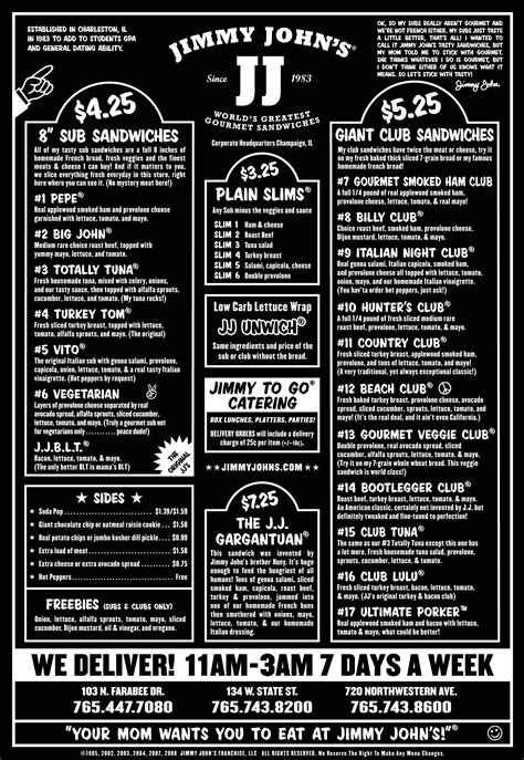 Jimmy John Printable Menu - Printable Board Games