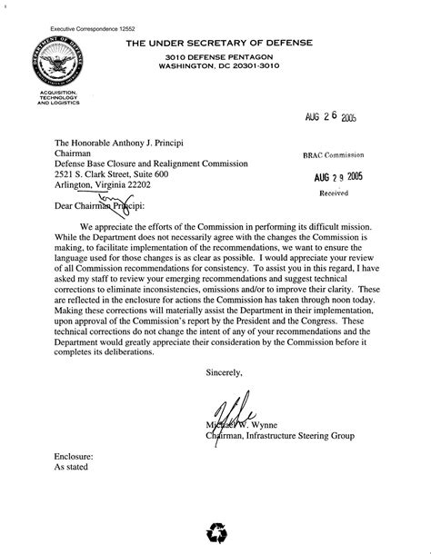Executive Correspondence – letter to Chairman Principi from Under Secretary of Defense Michael ...