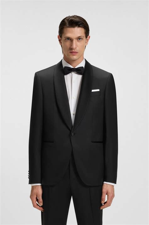 BOSS - Regular-fit tuxedo jacket in virgin-wool serge - Black