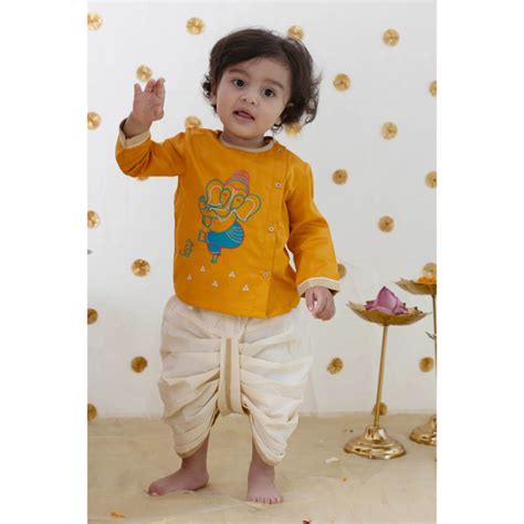 Tiber Taber Baby Boy Ganesha Embroidered Cotton Dhoti Kurta Set - Yell ...