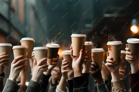 Premium AI Image | A crowd of uplifted arms clutches coffee cups a ...