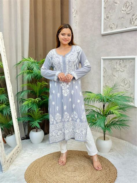 Serene Grey – Lucknowi Modal Chikankari Kurta – R S CHIKANKARI