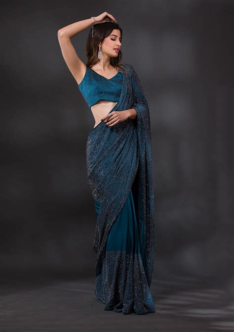 Buy Peacock Blue Swarovski Semi Crepe Saree - Koskii