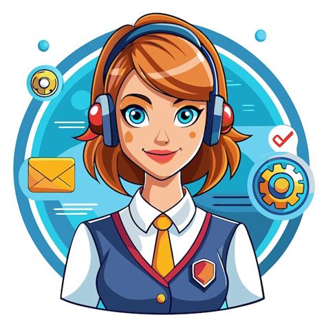 Cartoon girl with headset blue uniform and tech icons isolated on white ...
