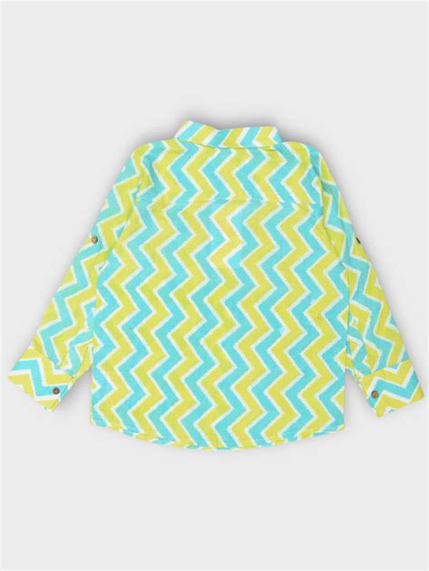 Boys Aqua Lime Chevron Spread Collar Full Sleeves Shirt – MyZuie