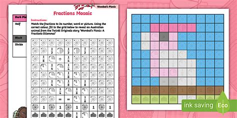 Wombat's Picnic Fractions Galah Mosaic Worksheet