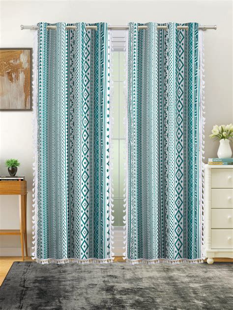 Cotton Printed Boho Light Filtering Long Door Curtain with Lace- Teal ...