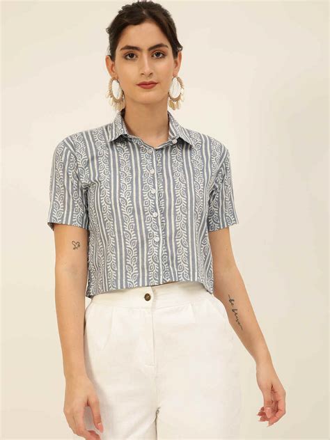 Premium Greyish Blue Floral Stripes HandBlock Printed Cotton Crop Shir ...
