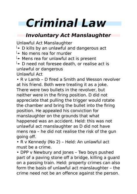 Criminal Law - NOTES - Criminal Law Involuntary Act Manslaughter Unlawful Act Manslaughter D ...