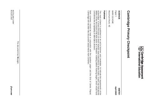 Cambridge Primary Checkpoint Science Paper 1 Mark Scheme 2023 - Studocu