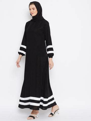 Nabia Women Black & White Solid Nida Matte A line Abaya With Georgette