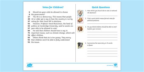 LKS2 Children Voting Daily News 60-Second Read Activity Cards