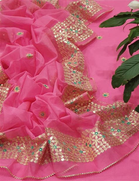 Kota Doria Cotton 3 pc Unstitched Salwar Suit - Gota Patti - Leheriya.com