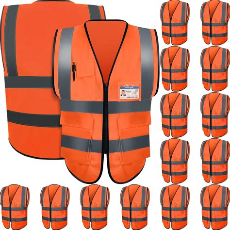 15 Pack Reflective Safety Vests with Pockets and Zipper High Visibility ...