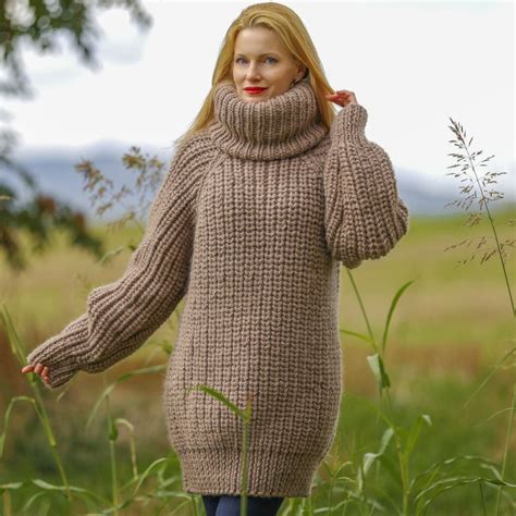 Beige thick wool sweater with extra long turtleneck
