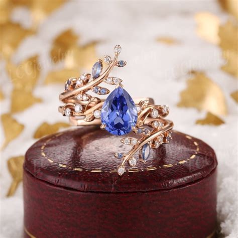 Vintage Sapphire Wedding Ring Set Leaf Floral Engagement Rings Rose ...