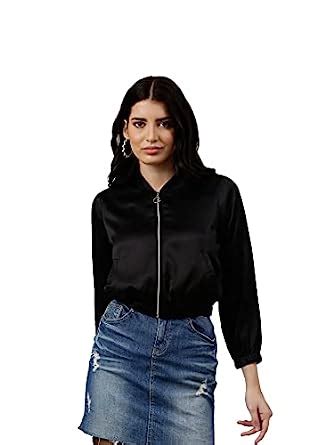 Buy NEUDIS Women Black Solid Satin Bomber Jacket at Amazon.in