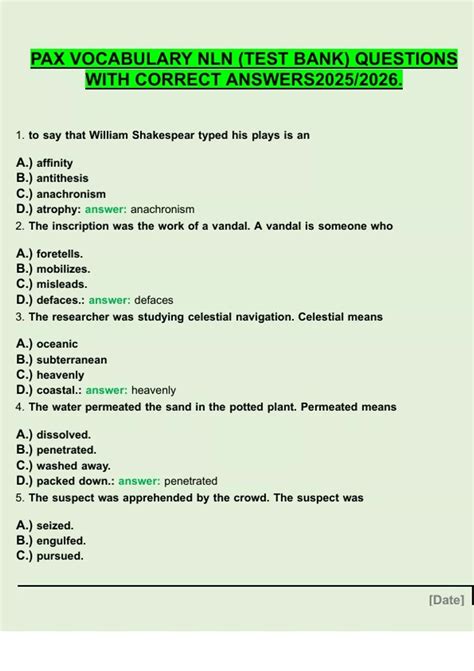 PAX VOCABULARY NLN (TEST BANK) QUESTIONS WITH CORRECT ANSWERS - NLN NEX ...