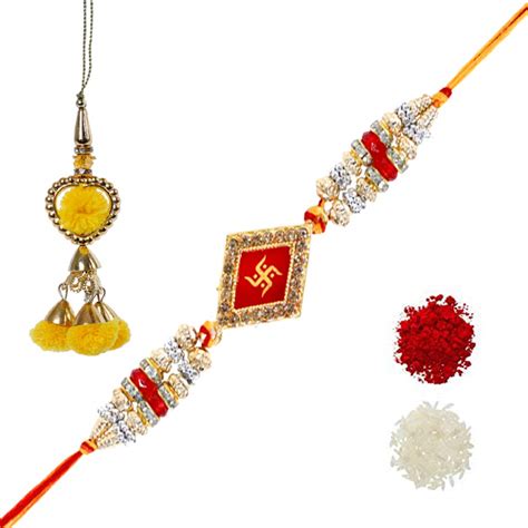 Buy online Multicolor stone Swastik Rakhi for Brother and Yellow Lumba ...