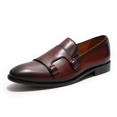 Burgundy Leather Slip on Double Monkstrap Shoes for Men | Romèro Ferrera