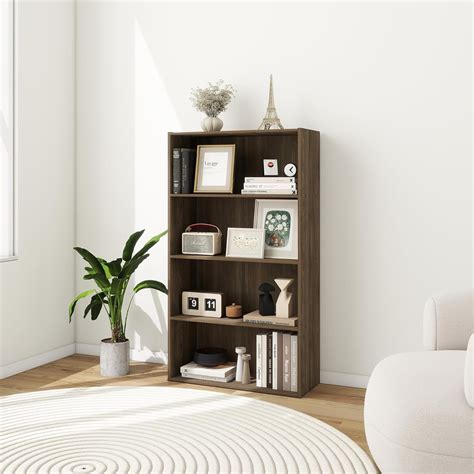 4-Tier Engineered Wood Bookshelf, Space Saving Bookshelf with 3 Shelves ...