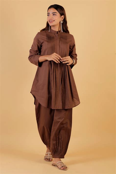 Cotton Pintuck Tunic Co-Ord - Chocolate Brown – InaayaJaipur