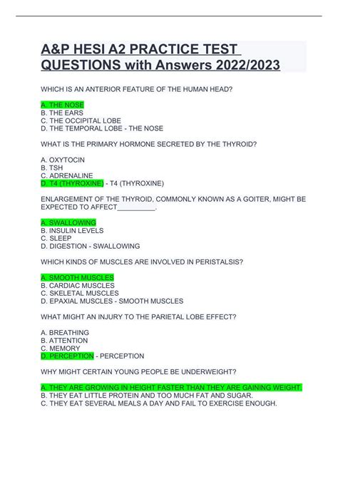 A&P HESI A2 PRACTICE TEST QUESTIONS with Answers - Hesi - Stuvia US