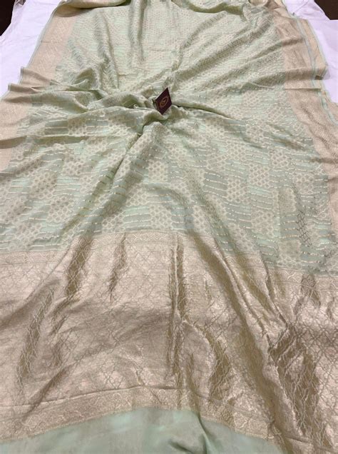 Pale Pista Green Pure Banarasi Khaddi Georgette Saree - Aura Benaras