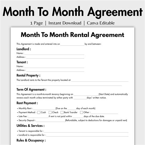One Page Month to Month Rental Agreement, Editable Tenant Agreement Template Canva, Printable ...