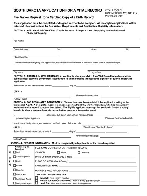 Fillable Online SD Application for Vital Record - Fee Waiver Request ...