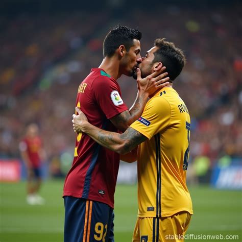 Ronaldo Kissing Messi's Foot | Stable Diffusion Online