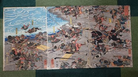 旧家蔵出 江戸期 歌川国芳 一勇齋國芳 浮世絵木版画 山本勘介 晴行入道 道鬼齋 討死の図 川中島合戦図 第4次 山本勘助 3枚組 YH4 ...
