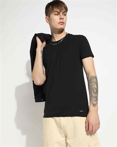 Cotton Spandex Raw Hem Solid Basic Slim Fit Tee