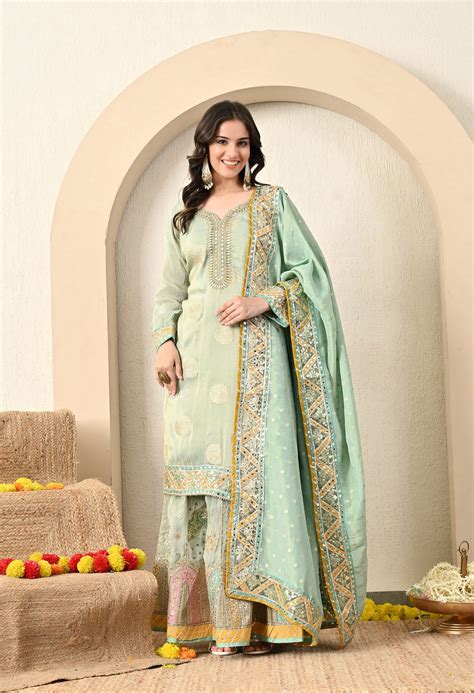Light Green Lehenga Set with Exceptional Gotta and Zari Work – Zarikali